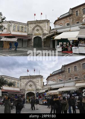 200324 -- ISTANBUL, 24. März 2020 -- Combo-Foto zeigt den geschlossenen Eingang des Großen Basars von Istanbul am 24. März 2020 oben und des Basars mit normalem Betrieb am 14. Januar 2019 unten in Istanbul, Türkei. Der Basar war seit Montag geschlossen, als Teil der Bemühungen, die Ausbreitung von COVID-19 einzudämmen. Die Zahl der Todesopfer durch COVID-19-Infektion in der Türkei stieg auf 37, nachdem am Montag sieben weitere Todesfälle hinzukamen, sagte der türkische Gesundheitsminister Fahrettin Koca. Die Gesamtzahl der bestätigten COVID-19-Fälle in der Türkei stieg nach Angaben des Ministers auf 1.529. TÜRKEI-ISTANBUL-COVID-19-MEASURES XUXSUHUI PU Stockfoto