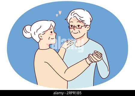 Glückliches älteres Paar, das zusammen tanzt. Lächelnder reifer Mann und Frau genießen Romantik und freudige Ruhe im Ruhestand. Liebe und Beziehungen. Vektorgrafik. Stock Vektor