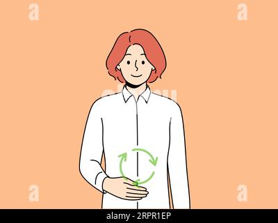 Frau mit Symbol der Verdauung in der Nähe des Magens, lächelnd und auf den Bildschirm schauend, empfahl, sich um den Magen-Darm-Trakt zu kümmern. Konzept der Verdauung und intestinalen Mikrobiota Stock Vektor