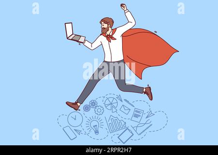 Der Geschäftsmann im Superhelden cape hält seinen Laptop und freut sich über die Erfolge des Teams. Führungskraft mit Führungsqualitäten, die in der Nähe von Symbolen produktiver Arbeit und erfolgreicher Erfüllung von Geschäftsaufgaben stehen Stock Vektor