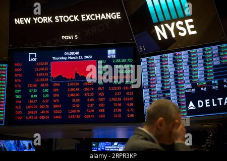 200326 -- PEKING, 26. März 2020 -- Ein Monitor zeigt die Handelsinformationen an der New York Stock Exchange NYSE in New York, USA, 12. März 2020. Schlagzeilen: Die Verbreitung von COVID-19 stört das Leben der Amerikaner und löst einen Wirtschaftsabschwung aus Xinhua PUBLICATIONxNOTxINxCHN Stockfoto