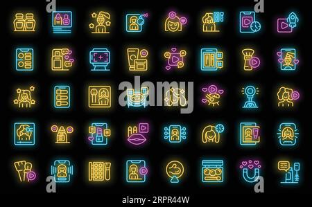 Beauty Blogger-Symbole setzen Konturvektor. Beeinflussen Sie die Frau. Neonfarbe für Modemädchen auf Schwarz Stock Vektor