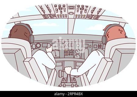 Piloten in der Kabine des Flugzeugs während des Fluges. Flugzeugbesatzung vor dem Werk. Luftfahrt und Fliegen. Vektorgrafik. Stock Vektor
