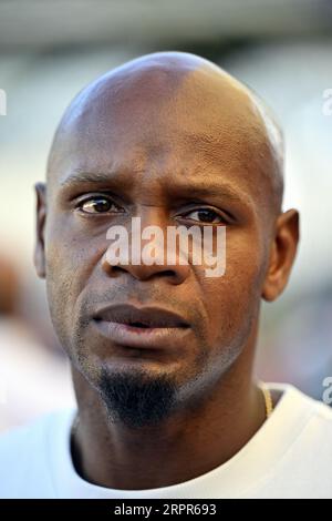 Brüssel, Belgien. September 2023. Jamaikas Asafa Powell wurde während der Einweihung der neuen Strecke im King Baudouin Stadion/Koning Boudewijnstadion/Stade ROI Baudouin am Dienstag, den 5. September 2023 in Brüssel gezeigt. Die 47. Ausgabe des Memorial Van Damme Diamond League Meeting findet am 08. September 2O23 statt. BELGA PHOTO ERIC LALMAND Credit: Belga News Agency/Alamy Live News Stockfoto