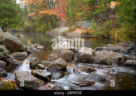 Im Herbst des Jahres ist Nord-Wisconsin ein Paradies für Reisende und Fotografen. Die herrlichen Herbstfarben und Wasserfälle sind spektakulär zu sehen. Stockfoto