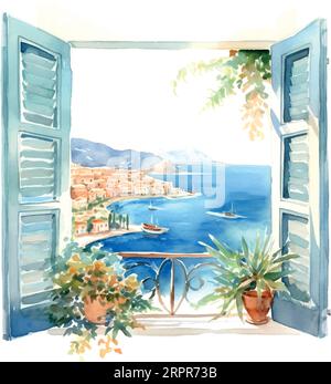 Vintage-Illustration mit blauem Fenster Meer griechenland Aquarell Stock Vektor