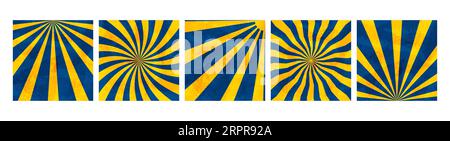 Sonneneruptionen auf blauem abstraktem Vintage-Hintergrund, Grunge-Stil Starburst-Vorlage. Vektor-Set mit Vintage-Hintergründen Stock Vektor