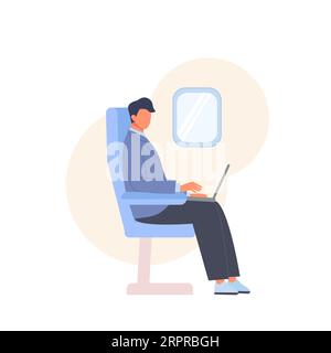 Geschäftsmann arbeitet am Laptop und sitzt im Flugzeugstuhl. Passagiertourismus mit Computer. Reisen Sie mit dem Flugzeug Stock Vektor