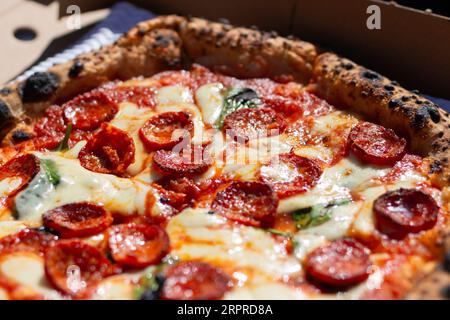 Hausgemachte neapolitanische Pizza Margarita mit Peperoni aus dem Backofen. Frische Mozzarella- und Basilikumblätter. Stockfoto