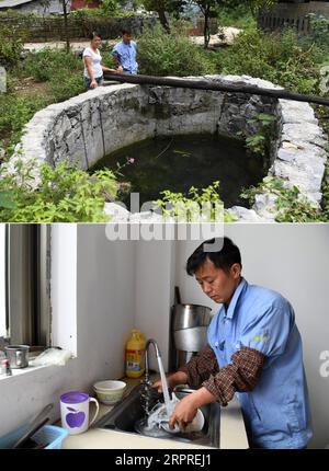 200402 -- NANNING, 2. April 2020 -- Combo-Foto zeigt den Dorfbewohner Yuan Chaoqiang und seine Frau, wie sie den Brunnen sahen, wo sie Wasser zum Trinken nahmen, und Yuan, der das Geschirr mit Leitungswasser in seinem neuen Zuhause in einem Ort zur Armutsbekämpfung unten in der Xiaao Township von du an Yao Autonomous County, südchinesische autonome Region Guangxi Zhuang, 12. Oktober 2017. Die autonome Region Guangxi Zhuang, eine Schlüsselregion der Bemühungen Chinas zur Armutsbekämpfung, hat die Identifizierung und Erstellung von Akten für etwa 710.000 Personen, die während des 13. Fünfjahresplanzeitraums 2016-2020 aus unwirtlichen Gebieten umgesiedelt wurden, als A-Region mit sich gebracht Stockfoto