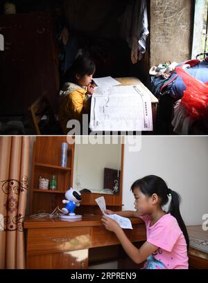 200402 -- NANNING, 2. April 2020 -- Combo-Foto zeigt die Dorfbewohnerin Bai Yulu, die am 9. Februar 2017 in ihrem ehemaligen Wohnhaus Übungsunterlagen liest. und Bai las in ihrem neuen Zuhause in einem Ort zur Armutsbekämpfung am 26. Juli 2017 unten in der Xiaao Township von du an Yao Autonomous County, südchinesische autonome Region Guangxi Zhuang. Die autonome Region Guangxi Zhuang, eine Schlüsselregion der Bemühungen Chinas zur Armutsbekämpfung, hat die Identifizierung und Einrichtung von Akten für etwa 710.000 Personen, die während des 13. Fünfjahresplanzeitraums 2016-2020 aus unwirtlichen Gebieten umgesiedelt wurden, als Schlüsselkampf gegen po zur Folge Stockfoto