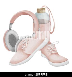 Sneakers mit Wasserflasche und Kopfhörern auf isoliertem Hintergrund. Handgezeichnete Aquarellzeichnung weiblicher Fitnessgeräte-Illustration. Zeichnung von pinkfarbenen Sportschuhen für Damen und Ohrhörern für Ikone oder Logo. Stockfoto