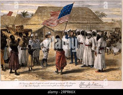 Henry Morton Stanley trifft David Livingstone in Ujiji Africa, farbiger Holzstich von H. Hall nach Henry Morton Stanley 1872 Stockfoto