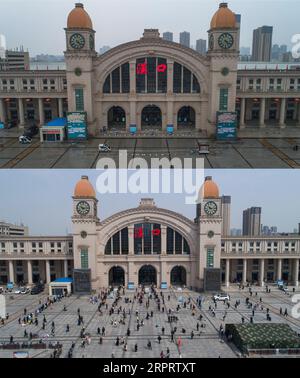 200408 -- WUHAN, 8. April 2020 -- Luftkombi-Foto zeigt den Hankou-Bahnhof in Wuhan, zentralchinesische Provinz Hubei am 10. Februar 2020 oben und am 8. April 2020. Mit langen Autobahnlinien, die durch die Mautstellen der Schnellstraßen strömten, und maskierten Passagieren, die in Züge einsteigen, hob die Megacity WUHAN in Zentralchina am Mittwoch nach fast 11 Wochen Lockdown die Beschränkungen für die Hinreise auf, die verhängt wurden, um dem COVID-19-Ausbruch CHINA-HUBEI-WUHAN-LIFE-RESUMING CN XiaoxYijiu PUBLICATIONxNOTxINxCHN Einhalt zu Gebieten Stockfoto