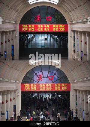 200408 -- WUHAN, 8. April 2020 -- Combo-Foto zeigt den Blick auf die Eingangshalle des Hankou-Bahnhofs in Wuhan, der zentralchinesischen Provinz Hubei, am 7. April 2020 oben und am 8. April 2020. Mit langen Autobahnlinien, die durch die Mautstellen der Schnellstraßen strömten, und maskierten Passagieren, die in Züge einsteigen, hob die Megacity WUHAN in Zentralchina am Mittwoch nach fast 11 Wochen Lockdown die Beschränkungen für die Hinreise auf, die verhängt wurden, um dem COVID-19-Ausbruch CHINA-HUBEI-WUHAN-LIFE-RESUMING CN XiaoxYijiu PUBLICATIONxNOTxINxCHN Einhalt zu Gebieten Stockfoto