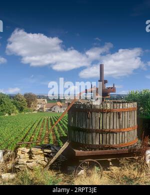 Weintraubenpresse, historisches altes Pferd gezogen, mit erstklassigen Cru-Weinbergen und Dorf Chassagne Montrachet im Hintergrund, Burgund, Cote d'Or. Frankreich Stockfoto