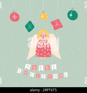 Weihnachtskarte mit Engel, Weihnachtsspielzeug, Fahnen auf hellgrünem Hintergrund mit Schneeflocken. Stock Vektor