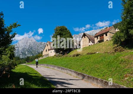 Blick auf den antiken Ortsteil Orias in der Nähe von Pesariis in Norditalien mit den „stavoli“, ländlichen Bauten, die in der Vergangenheit von Landwirten und Züchtern genutzt wurden Stockfoto