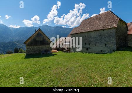 Blick auf den antiken Ortsteil Orias in der Nähe von Pesariis in Norditalien mit den „stavoli“, ländlichen Bauten, die in der Vergangenheit von Landwirten und Züchtern genutzt wurden Stockfoto