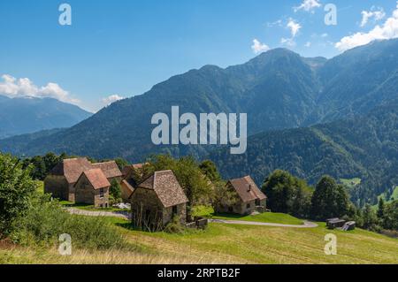 Blick auf den antiken Ortsteil Orias in der Nähe von Pesariis in Norditalien mit den „stavoli“, ländlichen Bauten, die in der Vergangenheit von Landwirten und Züchtern genutzt wurden Stockfoto