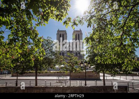 News Themen der Woche KW16 News Bilder des Tages 200415 -- PARIS, 15. April 2020 Xinhua -- die Restaurierungsarbeiten an der Kathedrale Notre Dame sind während der durch den COVID-19-Ausbruch verursachten Eindämmungsphase in Paris, Frankreich, 15. April 2020, zum Stillstand gekommen. Die Kathedrale im Zentrum von Paris wurde am 15. April letzten Jahres in Brand gesetzt. Foto von Aurelien Morissard/Xinhua FRANCE-PARIS-NOTRE DAME-FIRE-ONE YEAR ANNIVERSARY PUBLICATIONxNOTxINxCHN Stockfoto