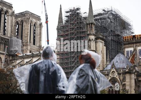 200415 -- PARIS, 15. April 2020 -- Aktenfoto vom 17. Oktober 2019 zeigt Menschen, die die Kathedrale Notre Dame in Paris, Frankreich, in Reparatur sehen. Die Kathedrale im Zentrum von Paris wurde am 15. April letzten Jahres in Brand gesetzt. FRANCE-PARIS-NOTRE DAME-FIRE-ONE YEAR TODAY GAOXJING PUBLICATIONXNOTXINXCHN Stockfoto