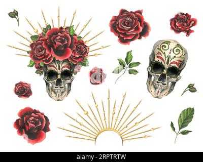 Menschlicher Schädel mit Ornament, rote Rosen in goldener Krone mit Perlen. Handgezeichnete Aquarellillustration für Halloween, Day of the Dead, Dia de los Stockfoto