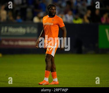 Barrow in Furness, Großbritannien. September 2023. Kylian Kouassi #27 von Blackpool während des EFL-Trophy-Spiels Barrow vs Blackpool im SO Legal Stadium, Barrow-in-Furness, Großbritannien, 5. September 2023 (Foto: Steve Flynn/News Images) in Barrow-in-Furness, Großbritannien am 9/5/2023. (Foto von Steve Flynn/News Images/SIPA USA) Credit: SIPA USA/Alamy Live News Stockfoto