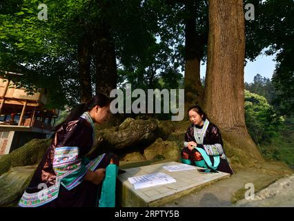 200419 -- RONGSHUI, 19. April 2020 -- Liang Mengxiang R bereitet Unterricht für eine Mandarin-Schulung mit einem Partner in Wuying vor, einem Dorf der Miao-ethnischen Gruppe an der Grenze der südchinesischen autonomen Region Guangxi Zhuang und der südwestchinesischen Provinz Guizhou, 16. April 2020. Liang Mengxiang, 21, ist eine Studentin der Miao-Ethnie, die im Dorf Dangjiu geboren wurde und an der Guangxi Science and Technology Normal University in Südchina studiert. Dangjiu ist ein abgelegenes, von Armut heimgesuchtes Dorf, in dem Frauen über 40 Jahre kaum jemals eine Schule besuchten, die als eine der wichtigsten Re angesehen wurde Stockfoto