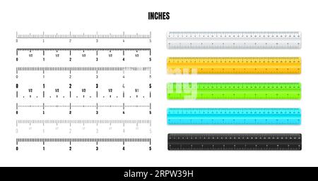 Realistische Kunststofflineale mit schwarzer Zoll-Skala zum Messen von Länge oder Höhe. Verschiedene Messskalen mit Unterteilungen. Lineal, Maßbänder Stock Vektor