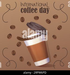 Internationales Kaffeetag-Banner. Realistische Getränketasse mit fliegenden Kaffeebohnen. Vektorillustration im realistischen Zeichentrickstil. Stock Vektor