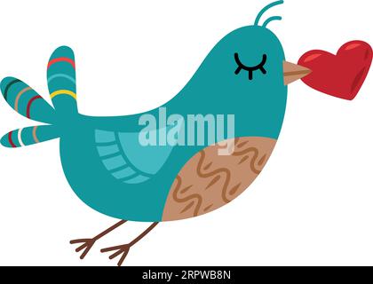 Niedlicher Vogel mit Herz im Schnabel. Romantisches Botschaftstier Stock Vektor