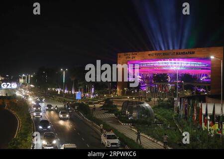 New Delhi, Indien. September 2023. Das Internationale Kongresszentrum, Austragungsort des bevorstehenden G20-Gipfels, der diesen Monat in Neu-Delhi stattfinden soll. (Foto: Prabhat Mehrotra/SOPA Images/SIPA USA) Credit: SIPA USA/Alamy Live News Stockfoto