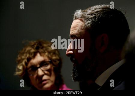 Madrid, Spanien. September 2023. Madrid, Spanien 05.09.2023.- Santiago Abascal Vorsitzender der Vox-Partei im Kongress, Santiago Abascal (Vox) im Kongress im Rahmen der Treffen Aoberto Núñez Feijoo Vorsitzender der Volkspartei, um zu versuchen, die Regierung Spaniens zu bilden. Feijóo setzt seine Runde von Kontakten fort, um eine Regierung zu bilden, die das Mandat von König Felipe VI. Erfüllt, diesmal mit Abascal, dem Führer der Vox-Partei. Kredit: Juan Carlos Rojas/dpa/Alamy Live News Stockfoto