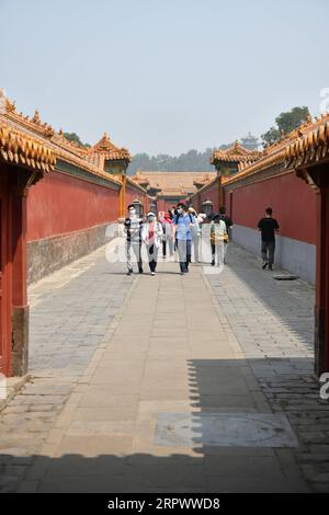 200501 -- PEKING, 1. Mai 2020 -- Besucher besichtigen das Palastmuseum in Peking, Hauptstadt von China, 1. Mai 2020. Das Chinesische Palastmuseum, auch Verbotene Stadt genannt, wurde am Freitag, dem ersten Tag eines fünftägigen Feiertags, teilweise wieder eröffnet. Besucher müssen online reservieren, und die tägliche Besucherzahl ist auf 5.000 begrenzt. Das Palastmuseum nahm ab Januar 25 keine Besucher mehr auf, um die Verbreitung der neuartigen Coronavirus-Krankheit COVID-19 einzudämmen. CHINA-BEIJING-PALACE MUSEUM-WIEDERERÖFFNUNG CN LIXXIN PUBLICATIONXNOTXINXCHN Stockfoto