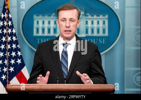 Washington, Usa. September 2023. Der nationale Sicherheitsberater Jake Sullivan spricht bei einer Pressekonferenz im Pressesaal des Weißen Hauses. Quelle: SOPA Images Limited/Alamy Live News Stockfoto