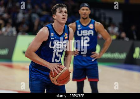 Manila, Philippinen. September 2023. Austin Reaves aus den Vereinigten Staaten in Aktion während der zweiten Runde der FIBA Basketball World Cup 2023 zwischen den Vereinigten Staaten und Italien in der Mall of Asia Arena-Manila. Endstand: USA 109:63 Italien. (Foto: Nicholas Muller/SOPA Images/SIPA USA) Credit: SIPA USA/Alamy Live News Stockfoto