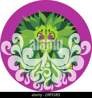 Grünes Löwenabzeichen mit Cannabismähne und violetten Gläsern, Rauchblasen - Insignien Stock Vektor