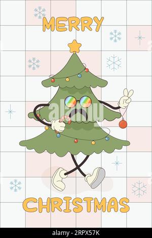 Groovende Grußkartenfigur Frohes neues Jahr, frohe Weihnachten. Hippie-Weihnachtsbaum-Vektor-Illustration Stock Vektor