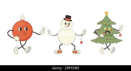 Zeichenfläche Groovy Charaktere setzen Schneemann, Ballon, Hippie-Weihnachtsbaum. Vektorillustration im Retro-Stil Stock Vektor