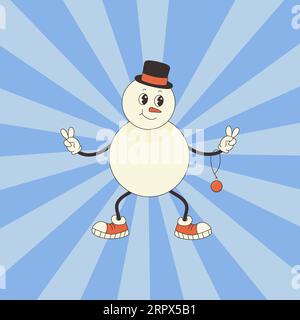 Grooviger Schneemann mit Zylindercharakter im Retro-Stil. Vektorillustration Stock Vektor