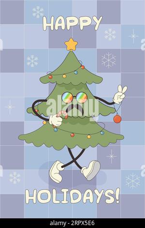Groovende Grußkartenfigur Frohes neues Jahr, frohe Weihnachten. Hippie-Weihnachtsbaum-Vektor-Illustration Stock Vektor