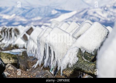 Eisbedeckte Betonblöcke als Wellenbrecher am japanischen Strand im Winter. Hokkaido Island, Japan Stockfoto