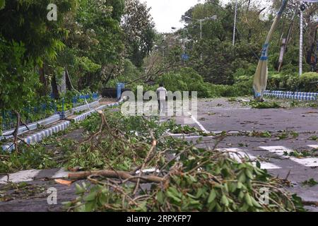 200521 -- KOLKATA, 21. Mai 2020 -- Ein Pendler geht an entwurzelten Bäumen vorbei, nachdem der schwere Zyklonsturm Amphan Kolkata, Indien am 21. Mai 2020 getroffen hatte. Mamata Banerjee, die Ministerin des indischen Oststaates Westbengalen, sagte am Donnerstag, dass in ihrem Bundesstaat 72 Menschen durch den schweren Zyklonsturm Amphan getötet wurden. Der Zyklonsturm, der böige Winde bis zu 190 km/h auslöste und Regen erschütterte am Mittwochabend West-Bengalen und die Küste von Odisha, flachte provisorische Häuser ab und raubte Elektromasten und Bäume. STR/Xinhua INDIA-KOLKATA-STORM AMPHAN Stringer PUBLICATIONxNOTxINxCHN Stockfoto