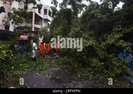 200521 -- KOLKATA, 21. Mai 2020 -- die Mitglieder der National Disaster Response Force NDRF entfernen entwurzelte Bäume, nachdem der schwere Zyklonsturm Amphan am 21. Mai 2020 Kolkata, Indien, getroffen hatte. Mamata Banerjee, die Ministerin des indischen Oststaates Westbengalen, sagte am Donnerstag, dass in ihrem Bundesstaat 72 Menschen durch den schweren Zyklonsturm Amphan getötet wurden. Der Zyklonsturm, der böige Winde bis zu 190 km/h auslöste und Regen erschütterte am Mittwochabend West-Bengalen und die Küste von Odisha, flachte provisorische Häuser ab und raubte Elektromasten und Bäume. STR/Xinhua INDIA-KOLKATA-STORM AMPHAN Stringer Stockfoto