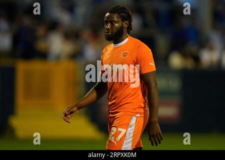 Barrow in Furness, Großbritannien. September 2023. Kylian Kouassi #27 von Blackpool während des EFL-Trophy-Spiels Barrow vs Blackpool im SO Legal Stadium, Barrow-in-Furness, Großbritannien, 5. September 2023 (Foto: Steve Flynn/News Images) in Barrow-in-Furness, Großbritannien am 9/5/2023. (Foto von Steve Flynn/News Images/SIPA USA) Credit: SIPA USA/Alamy Live News Stockfoto