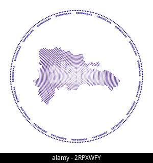 Rundes Dominicana-Logo. Digitale Form von Dominicana im gepunkteten Kreis mit Ländername. Techniksymbol des Landes mit abgestuften Punkten. Stock Vektor