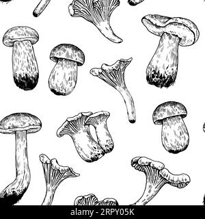 Nahtloses Muster mit Pilzen im Retro-Stil. Vintage-Druck in Schwarz und weiß mit handgezeichneten Details für Design und Textil. Stock Vektor