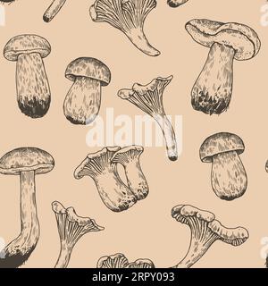 Nahtloses Muster mit Pilzen im Retro-Stil. Vintage-Druck in Schwarz und weiß mit handgezeichneten Details für Design und Textil. Stock Vektor