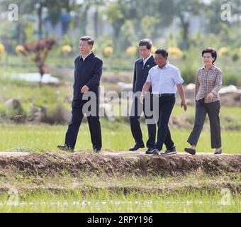 200609 -- YINCHUAN, 9. Juni 2020 -- der chinesische Präsident Xi Jinping, ebenfalls Generalsekretär des Zentralkomitees der Kommunistischen Partei Chinas und Vorsitzender der Zentralen Militärkommission, besucht einen ländlichen Ökotourismuspark, um mehr über die Entwicklung der lokalen Landwirtschaft im Helan County, der nordwestchinesischen Autonomen Region Ningxia Hui, zu erfahren, 9. Juni 2020. XI inspizierte am Dienstag die Stadt Yinchuan während seiner Reise nach Ningxia. CHINA-NINGXIA-YINCHUAN-XI JINPING-INSPECTION CN WANGXYE PUBLICATIONXNOTXINXCHN Stockfoto